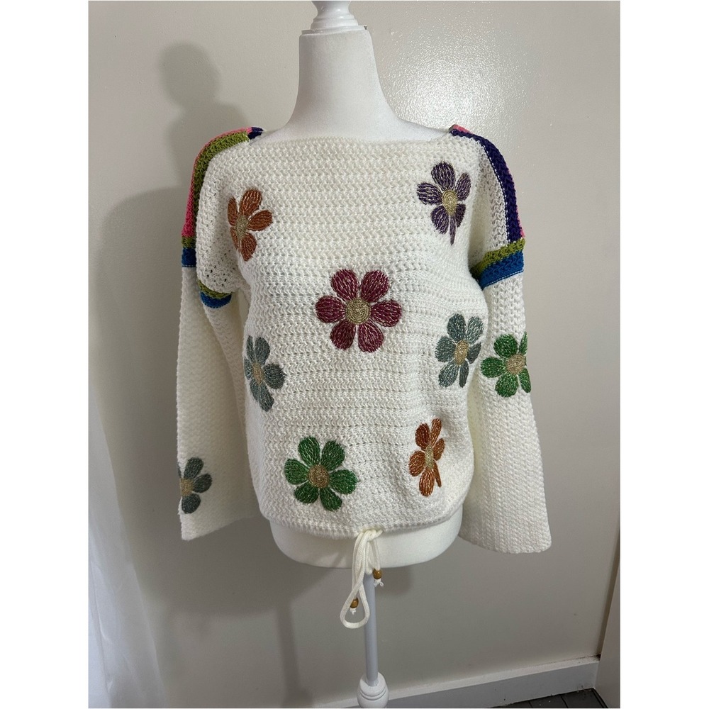 Mello Los Angeles White Crochet Floral Sweater Drawstring Hem Small Boho Retro
